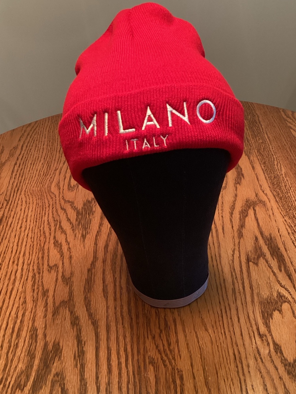 Milano Red Knit Cuffed Beanie with White Embroidery